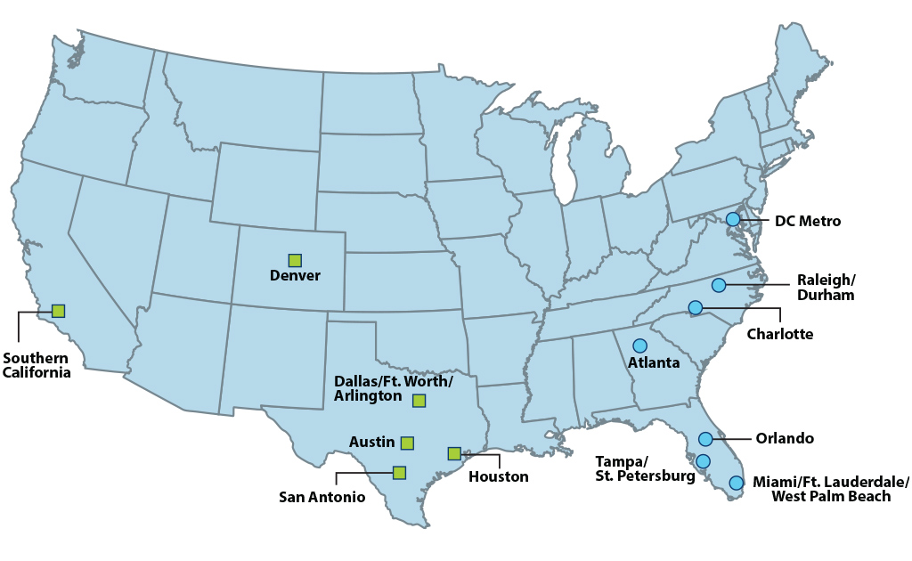 Map showing InvenTrusr Properties Corp. Target Acquisitions MSAs 